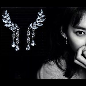 Dangling CZ Floral Drop w/Leaf Crawler Earring